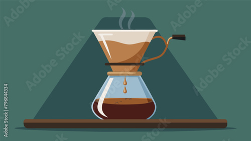 A closeup of a pourover coffee maker with a slow stream of hot water flowing over a bed of finely ground coffee..