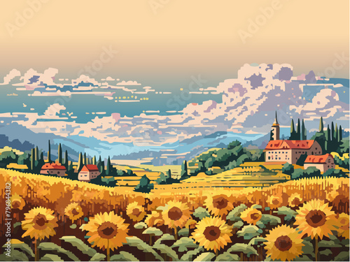 landscape with sunflowers and castle