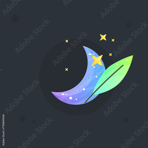 Moon Glossy Blue Sky Game Icon Badge With Green Branch And Stars Isolated Vector Design (ID: 796844566)