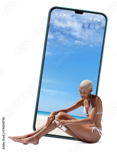 woman on the beach applying sunscreen lotion to legs skin for care and sun protection. Isolated against screen of smartphone in white background. Concept for online shopping or summer travel holiday