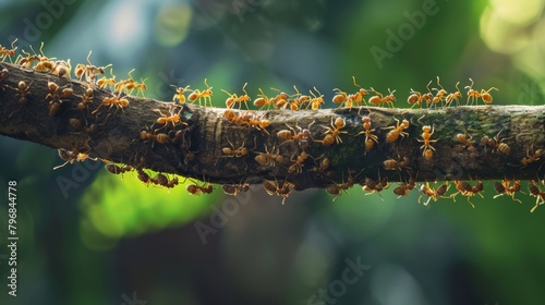 A close-up of a line of ants marching in perfect formation along a tree branch, highlighting the organized behavior of insect colonies. © Plaifah