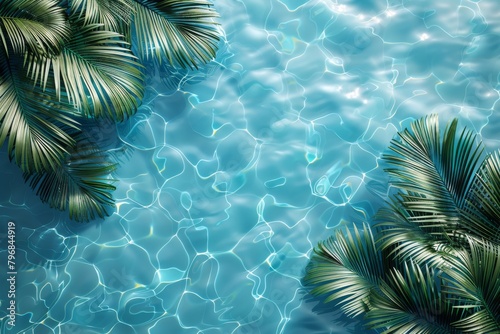 Vibrant image depicting fresh palm leaves casting shadows over the crystal clear waters of a serene pool