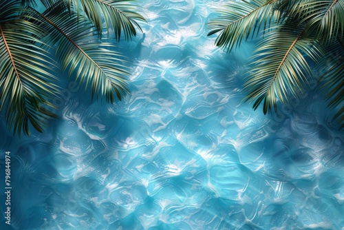 A tranquil scene showcasing silhouettes of palm leaves on the gentle waves of a glistening blue pool