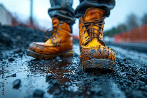 The dynamic scene captures the moment water splashes around yellow work boots taking a step in a rain puddle on a black asphalt road