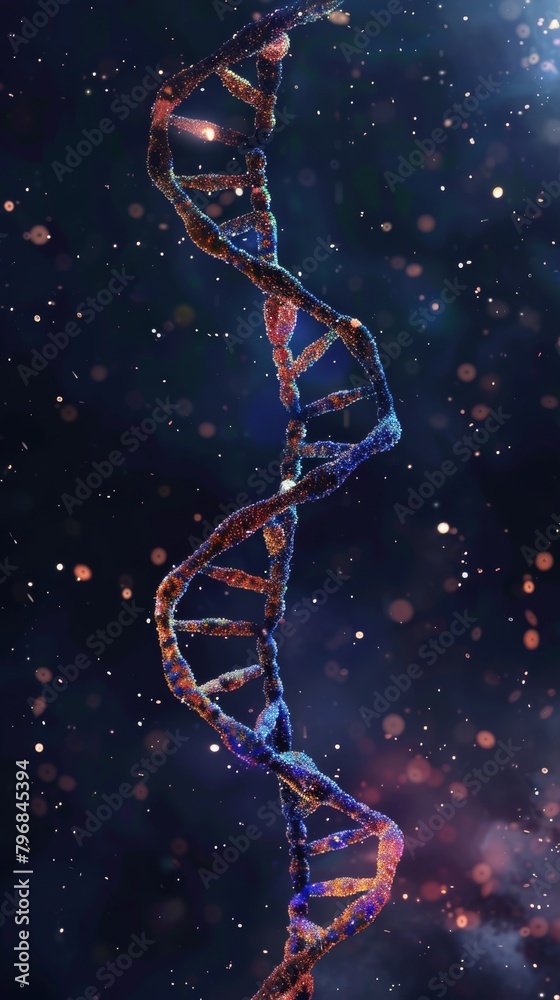 Obraz premium DNA double helix genetic material. Gene sequencing abstract design. Floating in space background, .science, abstract, biology, biotechnology, molecular, health, genetic
