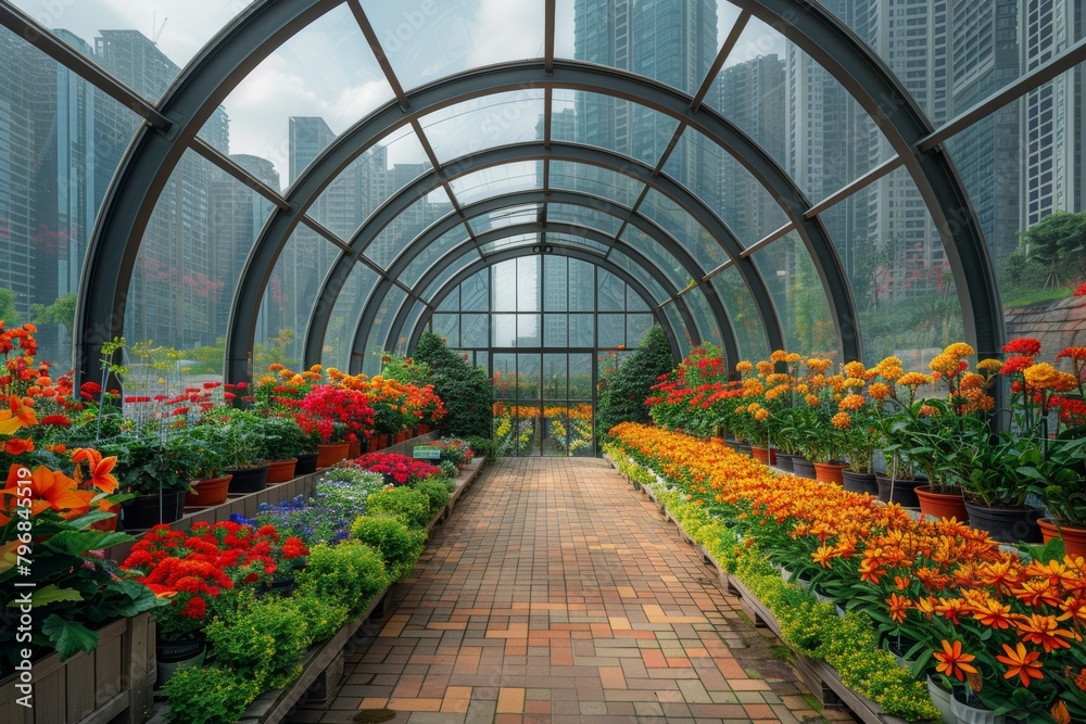 High-rise cityscape with futuristic botanical dome