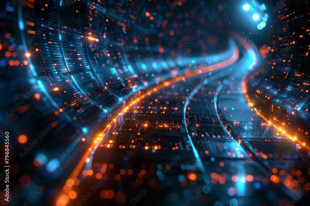 An image showing beautiful light trails forming curvy paths in a dark, digital data tunnel, signifying connectivity and flow An image showing beautiful light trails forming curvy paths in a dark, digital data tunnel, signifying connectivity and flow
