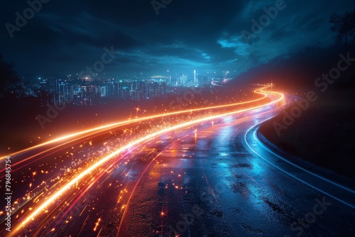 A mesmerizing image of a wet road reflecting light trails with a city skyline in the backdrop