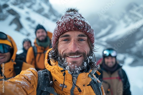 A man with frost in his hair and beard taking a selfie, smiling with friends behind him