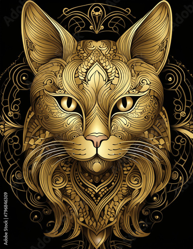 Cat of painted in gold on a black background, gold.