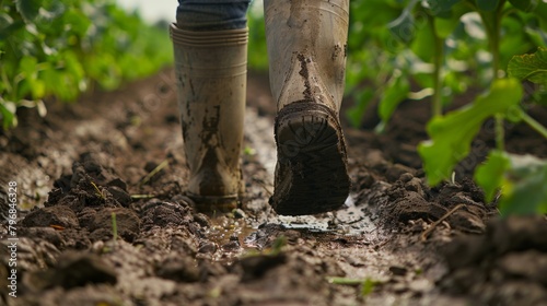 Farmer treading through muddy field