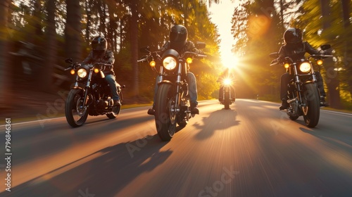 Group of cruiser-chopper motorcycle riders on the road. Outdoor photography. Travel and sport, speed and freedom concept.