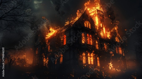 A haunting image of an abandoned building engulfed in flames, its windows glowing like embers against the dark night sky.