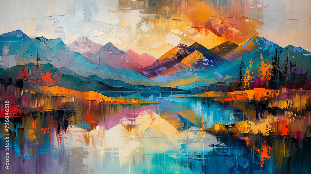  abstract oil painting featuring a contemporary landscape scene. Use bold brushstrokes and vibrant colors to depict rolling hills, serene lakes, and majestic mountains