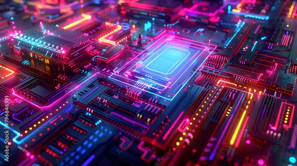 Stunning quantum computer with vibrant neon colors and complex geometric patterns against a dark mysterious backdrop description This image depicts a