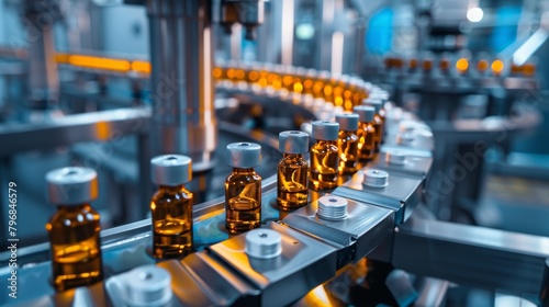 Medical vials on production line at pharmaceutical factory, Pharmaceutical machine working pharmaceutical glass bottles production line, health care, pandemic