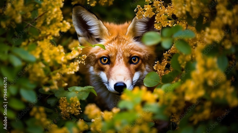 A Curious Fox Peeking Out from Behind Vibrant Foliage
