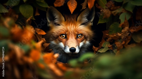 A Curious Fox Peeking Out from Behind Vibrant Foliage 