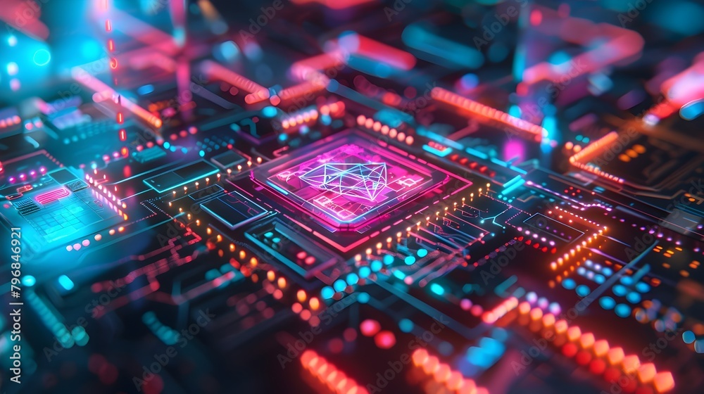 Visionary Quantum Computer with Holographic User Interface in Vivid Neon Tones and Intricate Geometric Patterns Against a Mysterious Dark Backdrop
