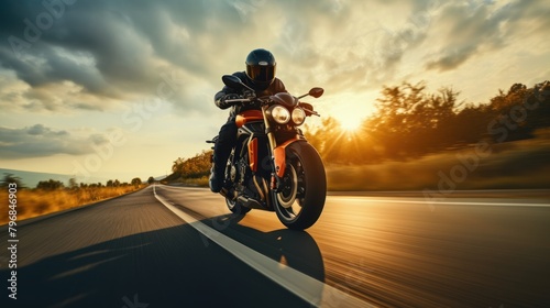 Motorcycle driver riding alone on the road. Outdoor photography. Travel and sport, speed and freedom concept