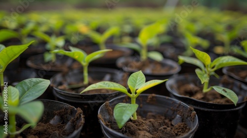 A close-up of tree seedlings in pots, ready to be planted and contribute to forest regeneration