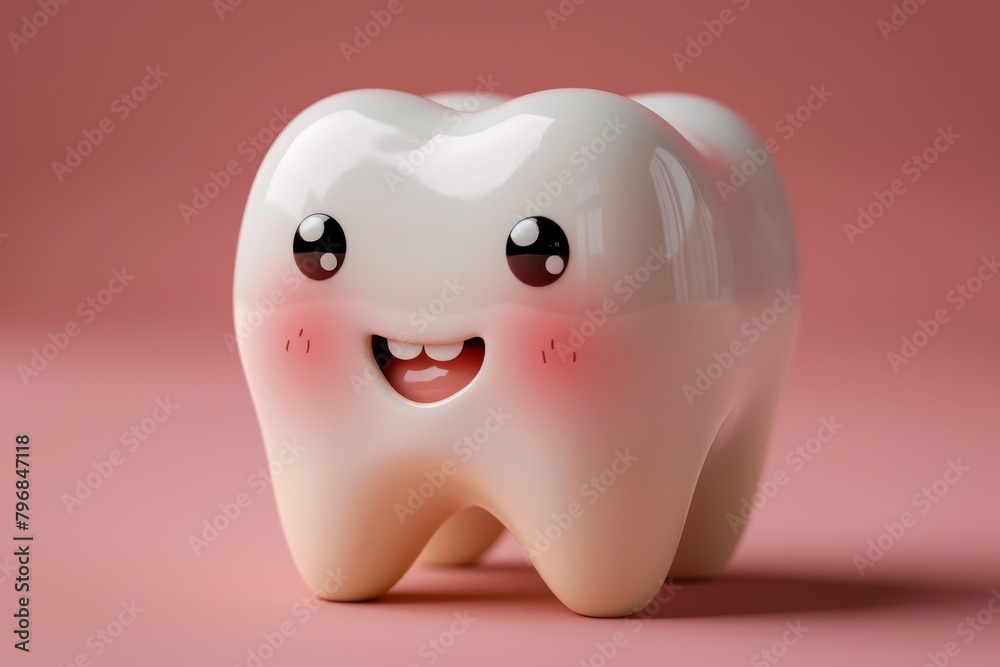 A single animated tooth character with a big smile and rosy cheeks on a pink background A single animated tooth character with a big smile and rosy cheeks on a pink background