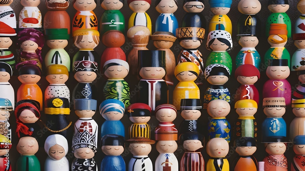 a vibrant collection of wooden figurines, each representing distinct cultural attires from around the world.