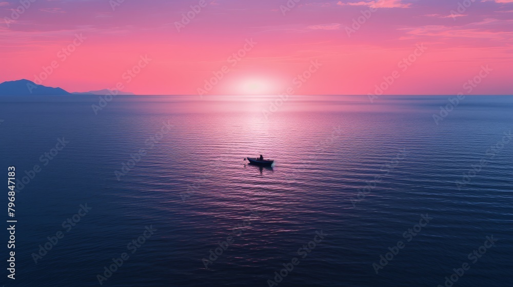 Create a high-altitude drone image of a lone boat floating in an expansive, minimalist ocean at twilight