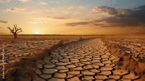 A heart-wrenching image of a drought-stricken landscape, cracked and parched, emphasizing the devastating effects of climate change on agriculture.