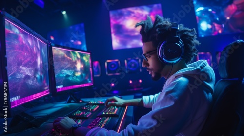 pro gamer man in headphones live streaming while playing online computer game, neon lights, esports, gaming, monitor, play, young, player, internet, enjoyment, cyber,.