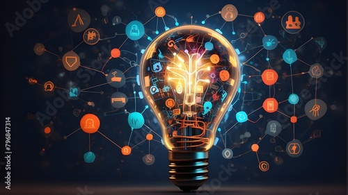 A lightbulb encircled by symbols relating to artificial intelligence, A stylized lightbulb with complex filaments represents unique and creative ideas, illustrating the idea of intellectual prowess 