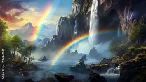Beautiful rainbow over mountain waterfall with forest and river below