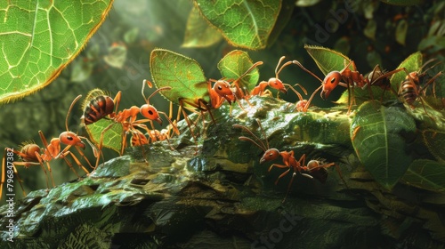 A colony of leafcutter ants diligently harvesting foliage to bring back to their underground nest, demonstrating resourcefulness in foraging. photo