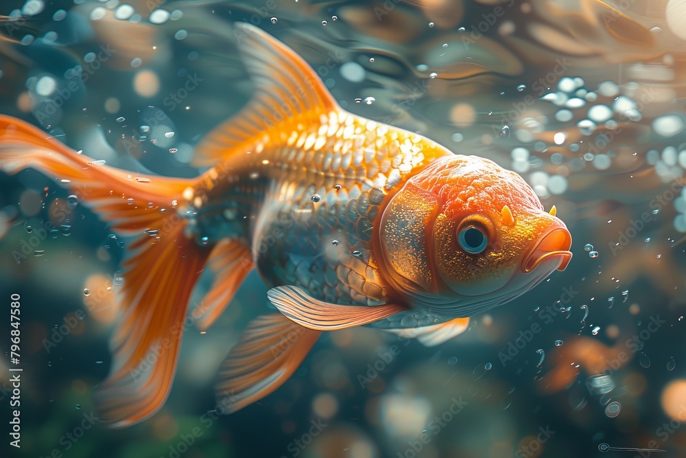 A stunning 3D artwork of an orange goldfish swimming, showcasing intricate digital artistry and vibrant aquatic life A stunning 3D artwork of an orange goldfish swimming, showcasing intricate digital artistry and vibrant aquatic life
