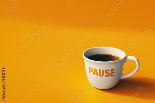 Minimalist coffee cup with 'PAUSE' background, 3D illustration