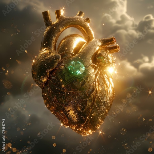 a complete heart, the organ, which is made of gold, diamond on the surface, and green colored cash inside. There is no meat on the heart, we can just see the shining diamond and gold