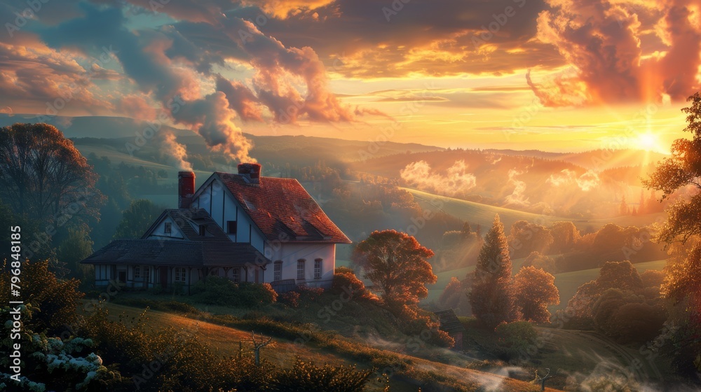 A heartwarming sunrise over a cozy cottage nestled amidst rolling hills, with smoke curling from the chimney and a sense of peace and tranquility.