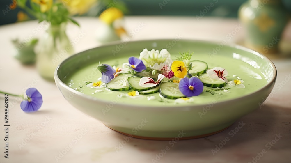 Elegant cucumber gazpacho with edible flowers. Elegant cucumber gazpacho with edible flowers.
