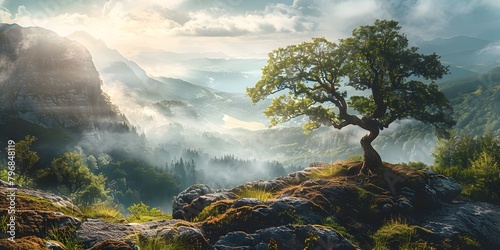 Majestic Mountainous Landscape with Towering Tree and Misty Valleys