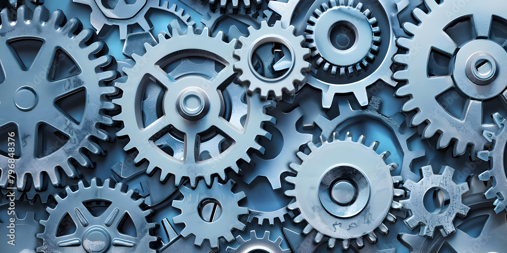 A diagram of interconnected gears and cogs symbol. A diagram of interconnected gears and cogs symbol.