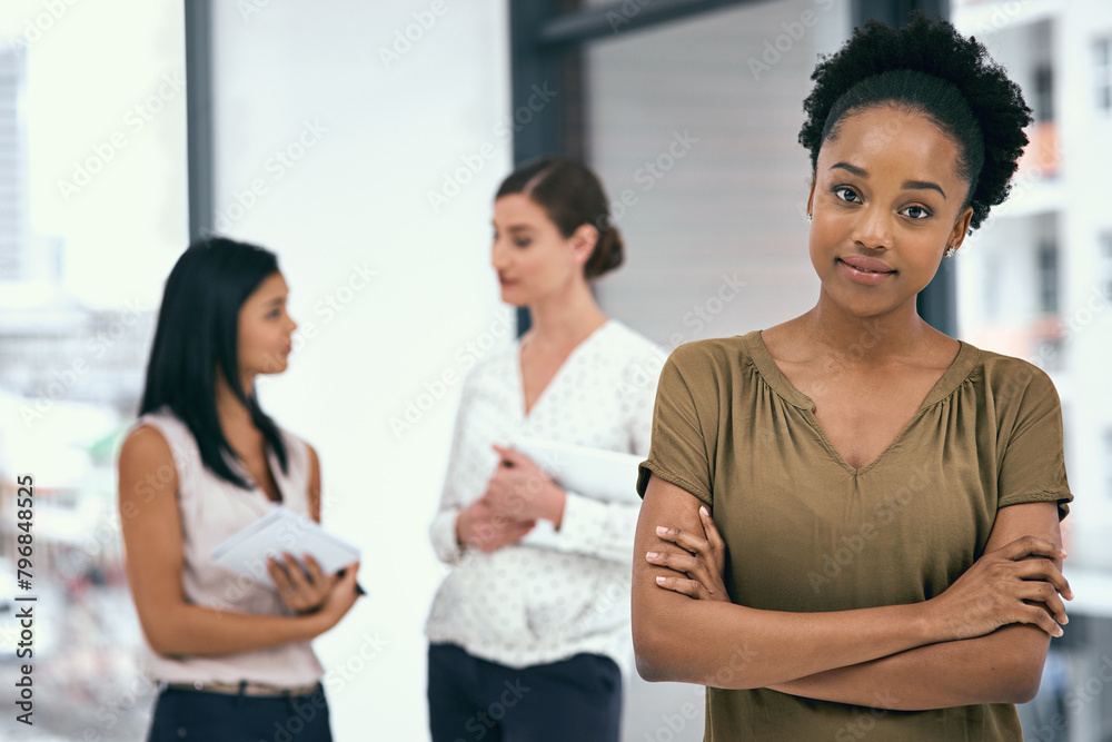 Internship, portrait and black woman with arms crossed in conference room for training, onboarding or new job opportunity. Business, creative career and employees for teamwork, support or confidence Internship, portrait and black woman with arms crossed in conference room for training, onboarding or new job opportunity. Business, creative career and employees for teamwork, support or confidence