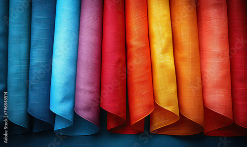 Vibrant rolls of fabric organized in a rainbow array. Generate AI