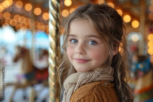 Girl with blue eyes and brown hair at a carousel  with colorful bokeh lights in the background