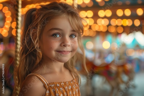 A jovial young girl on a carousel enjoying the ride  with evening lights glowing around