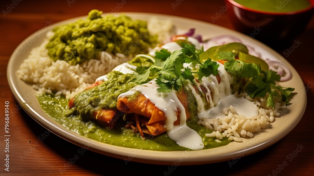 Enchiladas verdes with a side of rice and beans. Mexican Food.