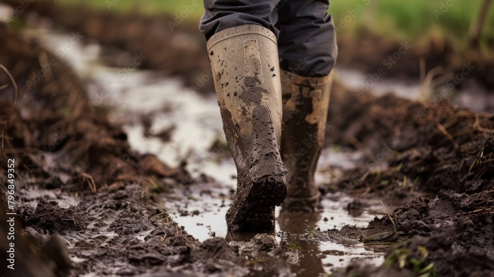 Muddy boots walking on wet farmland Muddy boots walking on wet farmland