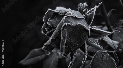 A high-contrast black and white photograph of a frozen rose, its velvety petals encased in a layer of frost, creating a dramatic and evocative image. photo