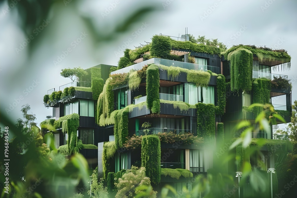 Ecofriendly urban architecture with sustainable design integrating nature and green spaces. Concept Green Architecture, Sustainable Design, Urban Development, Eco-Friendly Buildings