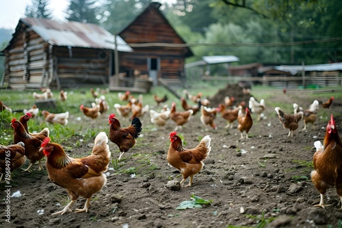 Busy poultry farm with many chickens roaming around the poultry house. Concept Poultry farm management, Chicken health care, Sustainable farming practices, Livestock behavior photo