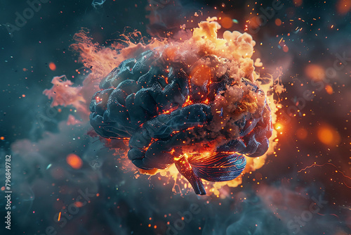 Brain ablaze, dynamic explosions depict degenerative cognitive diseases' turmoil. Intense 3D visualization photo